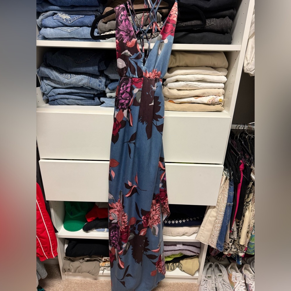 Olivaceous Slate Blue Floral Crisscross Maxi Dress